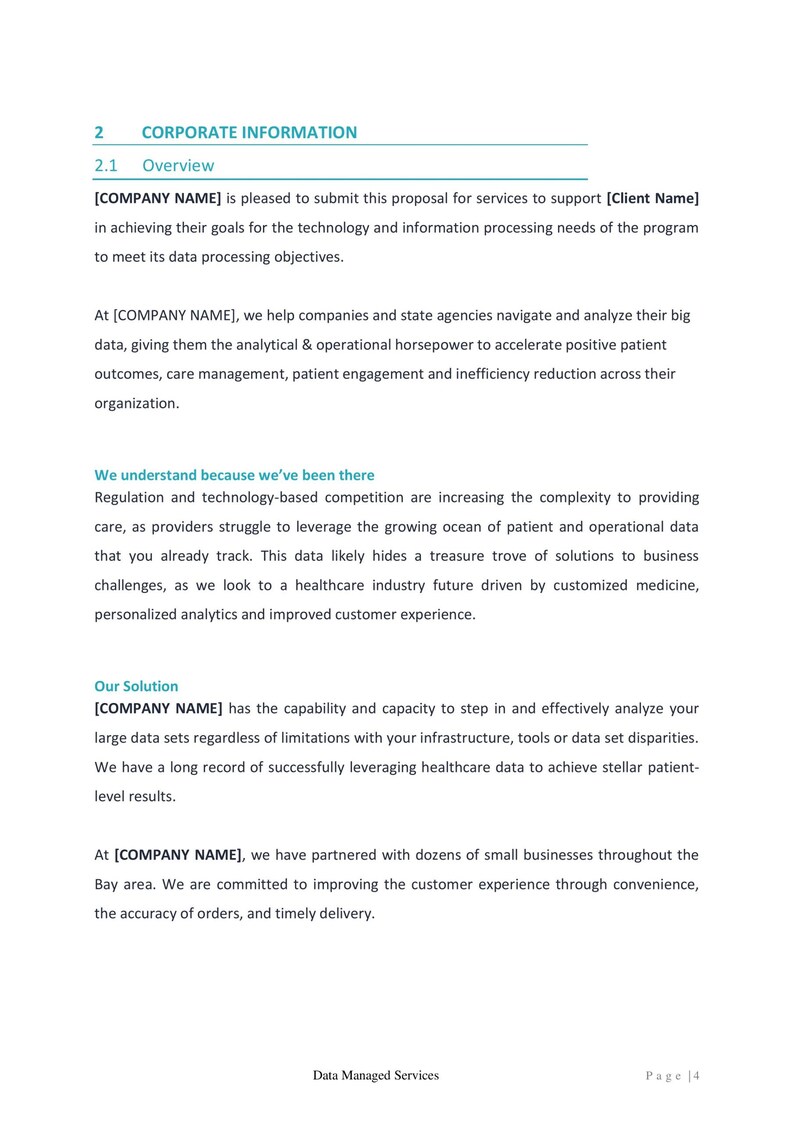 May include: A white document with the title "CORPORATE INFORMATION" and the text "Overview" is displayed. The document contains text about data processing objectives and healthcare data analysis.