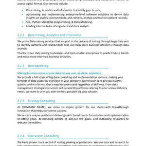 May include: A document page titled "Data Managed Services" with text detailing data processing services, including data mining, analytics, and strategy consulting. The page includes bullet points and section headings.