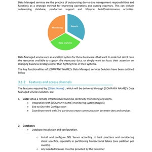 May include: A document titled "Data Services Overview" with a pie chart illustrating data analytics, monitoring, and reports. The text describes data managed services, features, and access channels, including database installation and configuration.