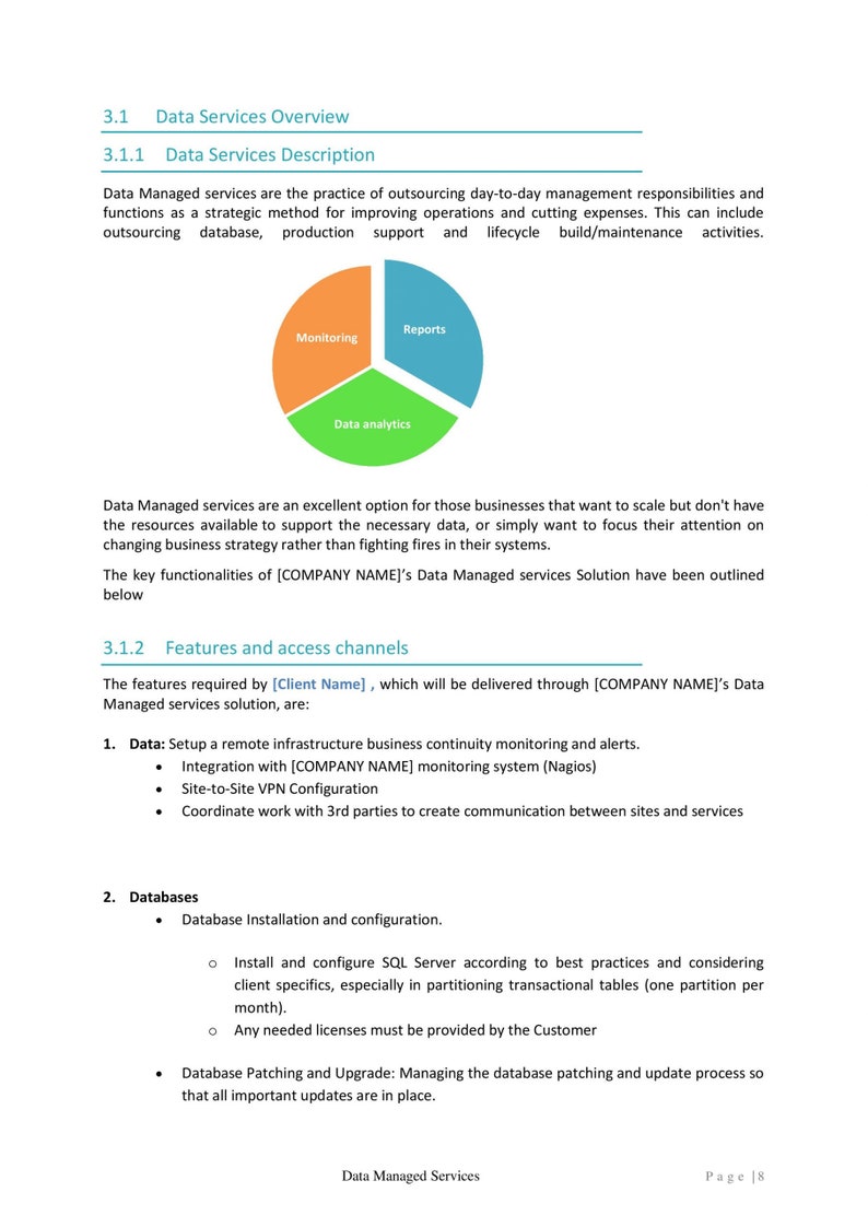 May include: A document titled "Data Services Overview" with a pie chart illustrating data analytics, monitoring, and reports. The text describes data managed services, features, and access channels, including database installation and configuration.