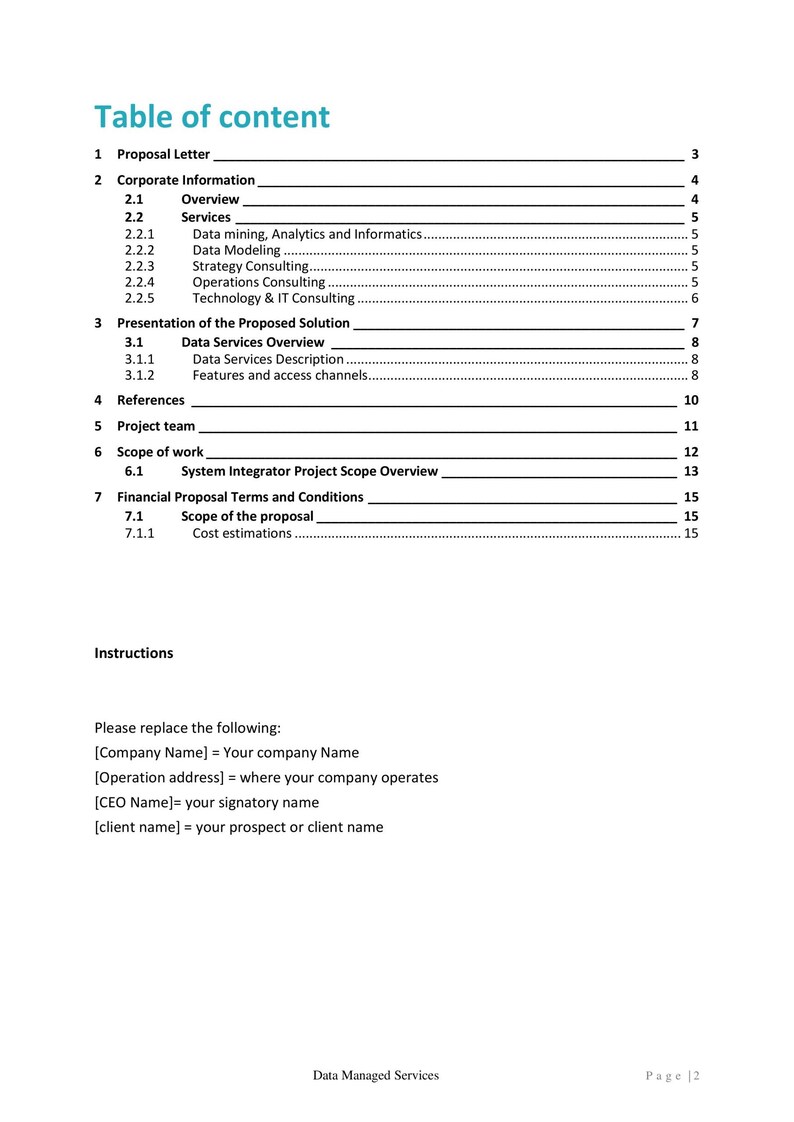 May include: A document titled "Table of Content" with a list of sections and page numbers. Sections include Proposal Letter, Corporate Information, Services, and Presentation of the Proposed Solution. Instructions are also included.