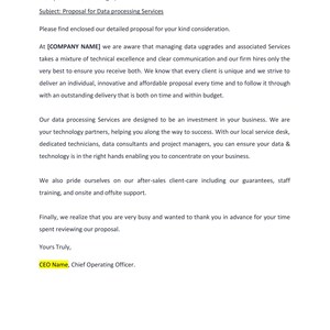 May include: A white document titled "PROPOSAL LETTER" with text detailing data processing services. The document is addressed to a procurement manager and includes information about the company's services, client care, and contact information.
