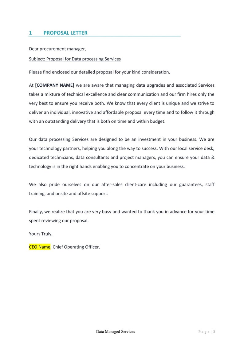May include: A white document titled "PROPOSAL LETTER" with text detailing data processing services. The document is addressed to a procurement manager and includes information about the company's services, client care, and contact information.