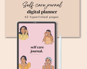 May include: A digital planner for self-care with illustrations of women taking care of themselves. The planner has 62 hyperlinked pages and is displayed on a tablet.
