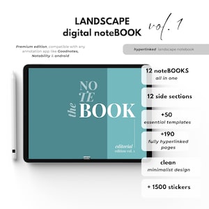 Digital Notebook Landscape All in One 12 Tab Green for Goodnotes Notebook Tabs Multipurpose Minimalist ADHD Journal Hyperlinked PDF