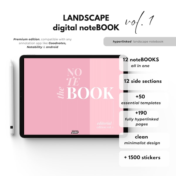 Digital Notebook Landscape All in One, Goodnotes iPad Hyperlinked Notebook with Tabs for Student Lined Notebook Notability Templates Journal