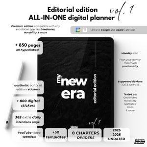 Könnte beinhalten: Ein schwarz-weißer digitaler Planer mit dem Text "my new era" und "Editorial Edition" auf dem Cover. Der Planer ist kompatibel mit Anmerkungs-Apps wie Goodnotes und Notability. Er enthält 850 Seiten, 800 digitale Sticker, 50 Vorlagen und 8 Kapitel. Der Planer ist kompatibel mit iOS- und Android-Geräten.