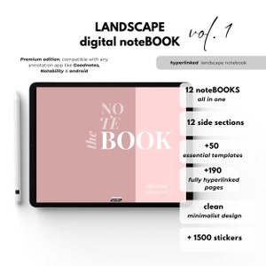 May include: Digital landscape notebook with a minimalist design. The tablet displays the text "NO TE BOOK" in white on a pink background. Includes 12 notebooks, 12 side sections, 50 templates, 190 hyperlinked pages, and 1500 stickers.