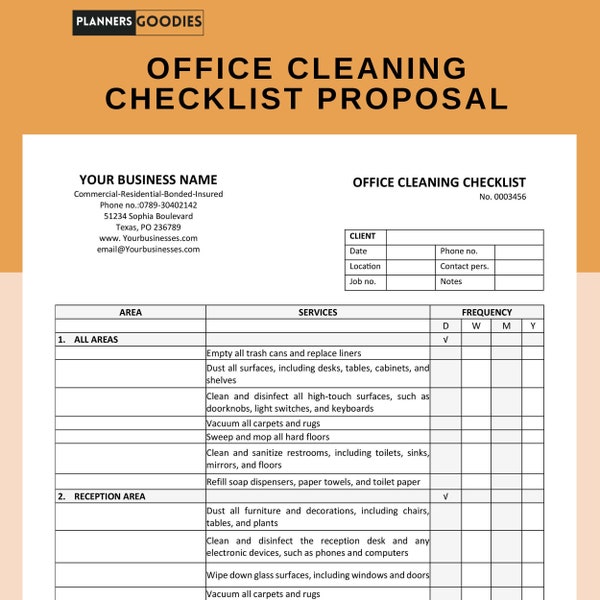 Cleaning Proposal Template, Basic Editable Microsoft WORD and Adobe Acrobat PDF Cleaning Service Proposal, Janitorial Cleaning Checklist
