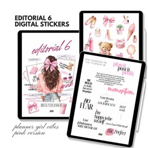 Planner Girl Vibes – Pink Edition editorial mockup cover showing feminine digital stickers in soft pink tones with bold typography, elegant layout, and aesthetic planner girl theme.