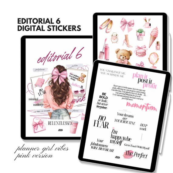 Planner Girl Digital Stickers pink Aesthetic Journaling Kit for Goodnotes and Noteful Stickerbook Vision Board Editorial by PlannersGoodies