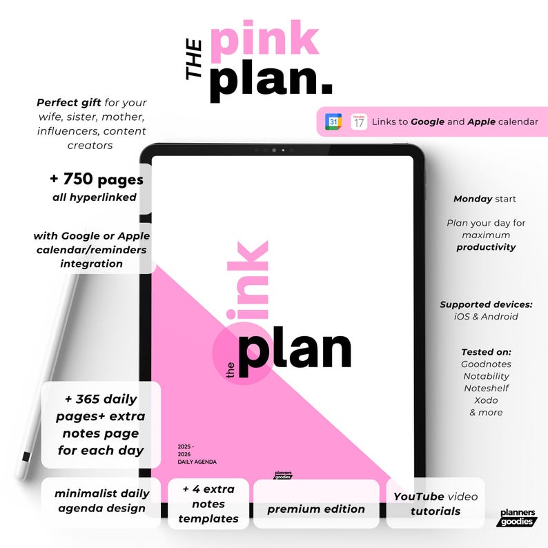 Minimalist cover page showing “THE pink. plan.” in bold black letters on a white background, modern editorial design, centered text with wide spacing.