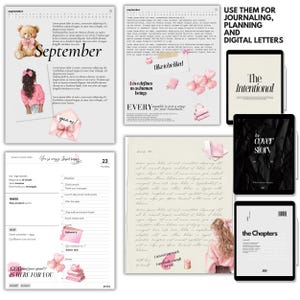 May include: A collection of digital planning pages and digital letters. The pages include a September calendar, daily planner, and inspirational quotes. The text "USE THEM FOR JOURNALING, PLANNING AND DIGITAL LETTERS" is visible.