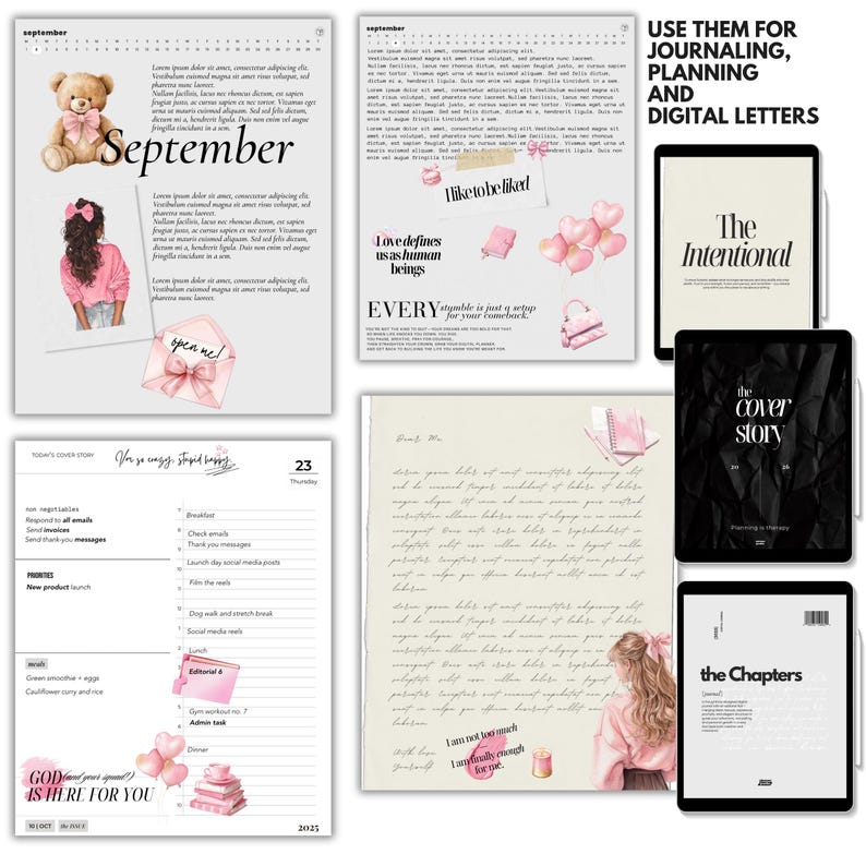 May include: A collection of digital planning pages and digital letters. The pages include a September calendar, daily planner, and inspirational quotes. The text "USE THEM FOR JOURNALING, PLANNING AND DIGITAL LETTERS" is visible.