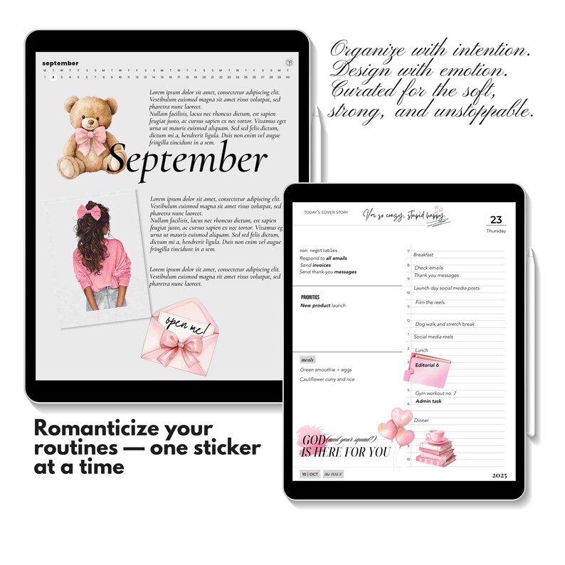 Planner Girl Vibes usage page encouraging journaling, planning, and digital letters, featuring elegant pink and white editorial design