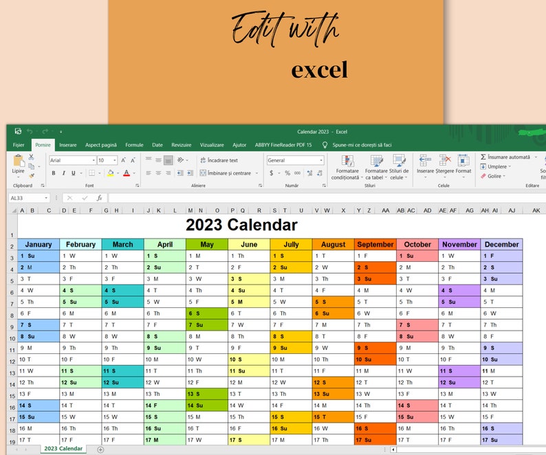 2023 Calendar Planner Excel Template Horizontal Calendar Etsy