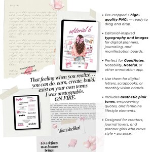 May include: A digital art composition featuring a tablet with "editorial 6" on the screen, surrounded by aesthetic elements. The image includes pink tones, empowering quotes, and feminine lifestyle elements. Text reads "That feeling when you realize... you can do, earn, create, build, exist on your own terms."