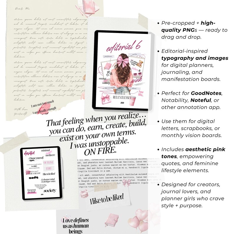 May include: A digital art composition featuring a tablet with "editorial 6" on the screen, surrounded by aesthetic elements. The image includes pink tones, empowering quotes, and feminine lifestyle elements. Text reads "That feeling when you realize... you can do, earn, create, build, exist on your own terms."