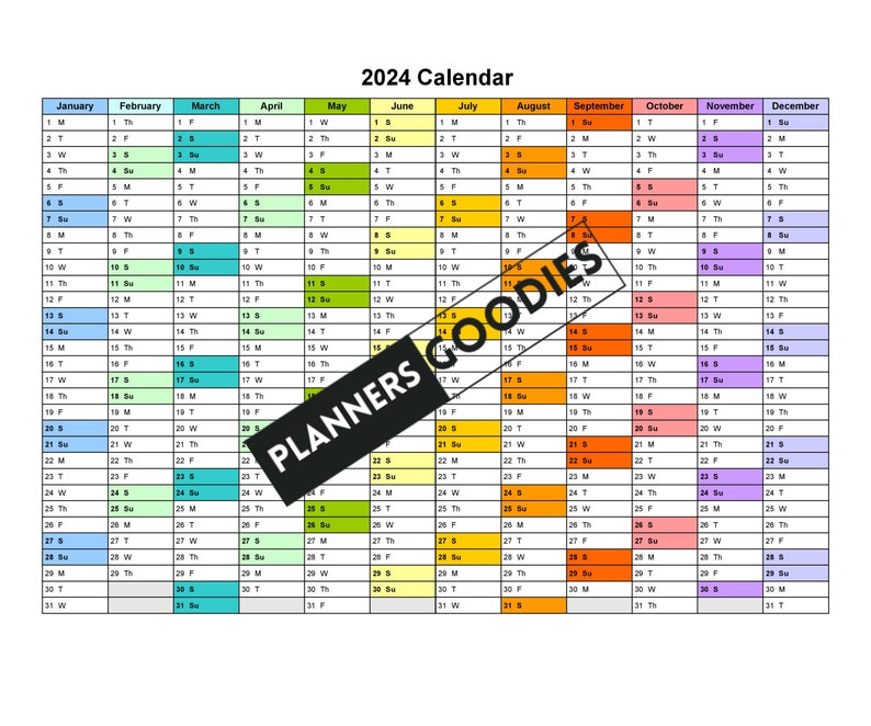2024 Calendar Planner Excel Template Horizontal (Instant Download) Etsy