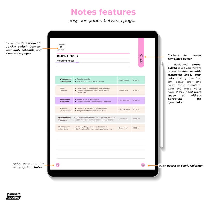 Pink Agenda Digital 2026 for iPad Business Planner for Goodnotes Daily Dated Agenda with Meeting Notes by Planners Goodies with Reminders image 6