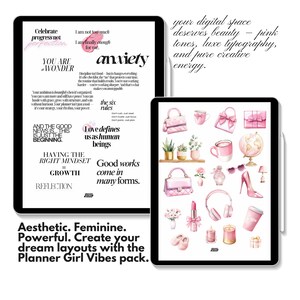 Pink aesthetic editorial page highlighting Planner Girl Vibes digital stickers designed for GoodNotes and Noteful, emphasizing feminine luxury design