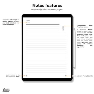 May include: A digital planner with a notes section, a daily schedule, and a yearly calendar. The notes section has a button to access customizable templates, including lined, grid, dots, and graph.