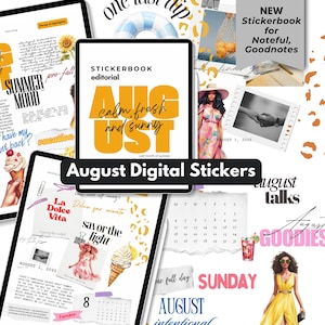 Pode incluir: Um conjunto de autocolantes digitais para agosto, com vários designs. Os autocolantes incluem páginas de calendário, ilustrações e elementos de texto como "Summer Mood" e "August Digital Stickers". A paleta de cores inclui amarelo, rosa e branco.