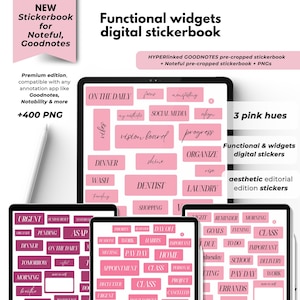 以下が含まれることがあります： GoodnotesとNoteful用の機能的なウィジェットを備えたデジタルステッカーブック。画像には、「夕食」、「緊急」などの単語が書かれたピンク色のデジタルステッカーが表示された3つのタブレットが表示されています。+400 PNGが含まれています。