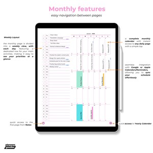 Monthly features page describing navigation, weekly layout, complete monthly calendar, and Google/Apple calendar integration.