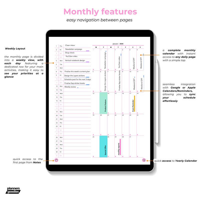 Monthly features page describing navigation, weekly layout, complete monthly calendar, and Google/Apple calendar integration.