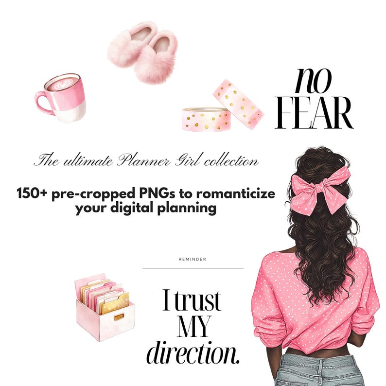 Inspirational reminder page with quotes ‘I trust my direction’ and ‘I am finally enough,’ over pink editorial background and feminine elements
