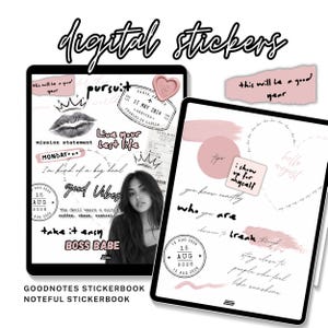 May include: A digital sticker set displayed on two tablet screens featuring pink and black graphics, including text like 'good vibes', 'boss babe', 'live your best life', travel stamps, crowns, a heart seal, and a photograph of a person.
