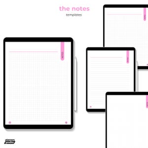 Notes features page showing customizable templates: lined, grid, dots, and graph. Explains easy access and ability to duplicate templates.