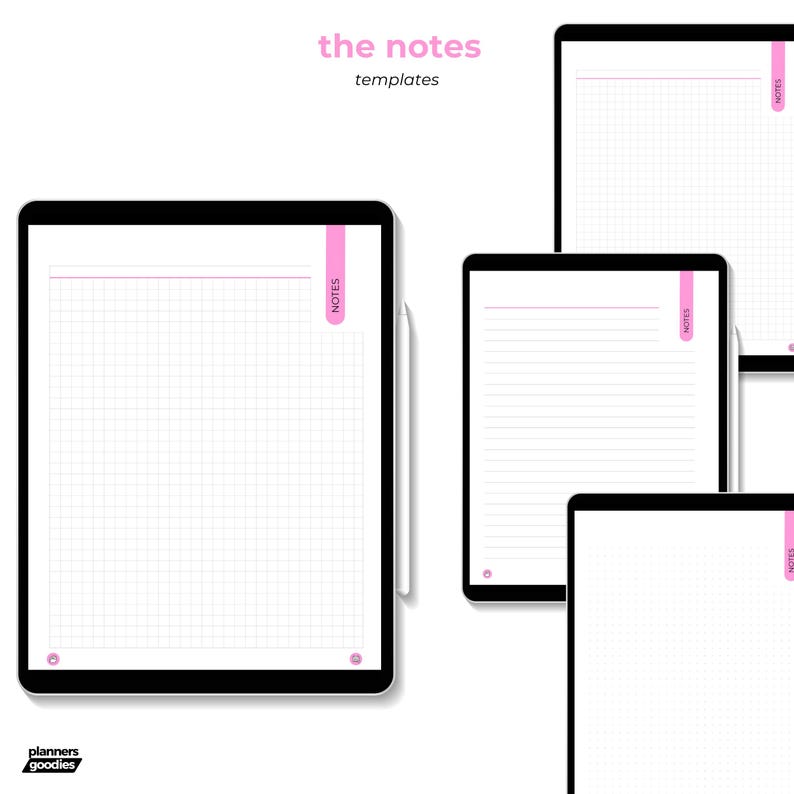Notes features page showing customizable templates: lined, grid, dots, and graph. Explains easy access and ability to duplicate templates.