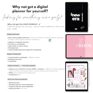 May include: A digital planner bundle with a pink and black cover featuring the text "New Era" and "No to the Book". The bundle includes digital planners, notebooks, stickers, and other digital products.