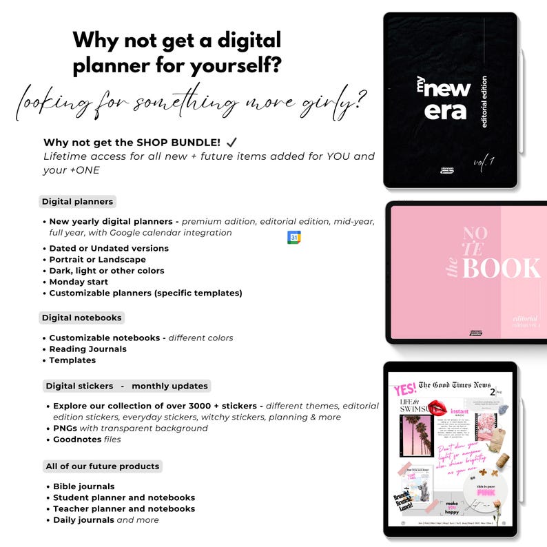 May include: A digital planner bundle with a pink and black cover featuring the text "New Era" and "No to the Book". The bundle includes digital planners, notebooks, stickers, and other digital products.