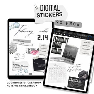 Pode incluir: Autocolantes digitais para GoodNotes e Noteful, com um design de mood board de fevereiro. A imagem inclui dois tablets que exibem autocolantes digitais com texto como "February Vibes", "Editorial Girl" e "Power, Redefined". Inclui 70 PNG.