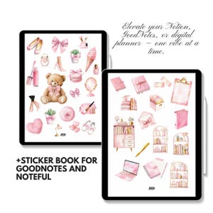 May include: Two digital tablet screens displaying pink-themed digital stickers. One screen shows a teddy bear, bows, and makeup. The other screen shows books, a laptop, and stationery. Text reads: "+STICKER BOOK FOR GOODNOTES AND NOTEFUL."