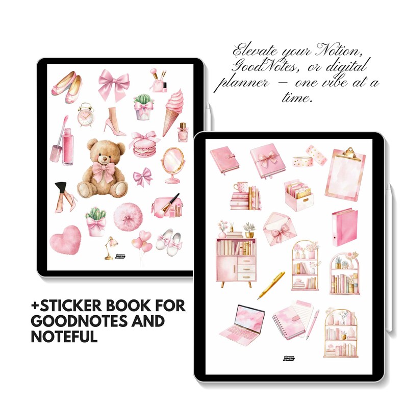 May include: Two digital tablet screens displaying pink-themed digital stickers. One screen shows a teddy bear, bows, and makeup. The other screen shows books, a laptop, and stationery. Text reads: "+STICKER BOOK FOR GOODNOTES AND NOTEFUL."