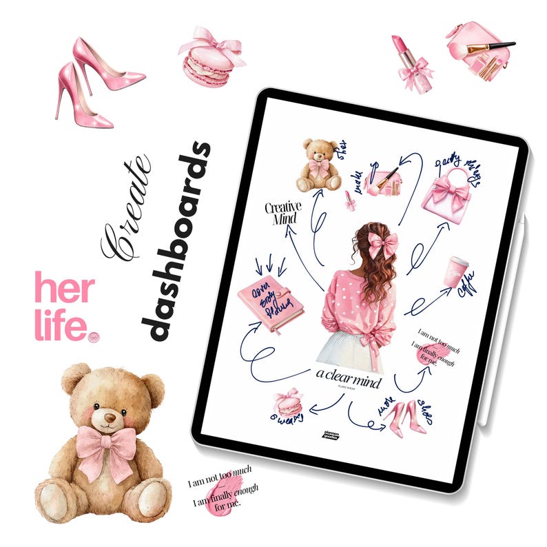 May include: A digital illustration featuring a tablet with a woman's sketch, surrounded by pink accessories like shoes, a purse, and a teddy bear. Text includes "Create dashboards" and "her life."