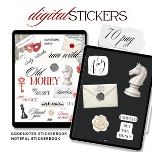 May include: Digital stickers for GoodNotes and Noteful, featuring a variety of designs. The stickers include text elements like "Old Money" and "Run Wild", along with decorative items such as a chess piece and an envelope with a wax seal. The image also includes the text "70 png".