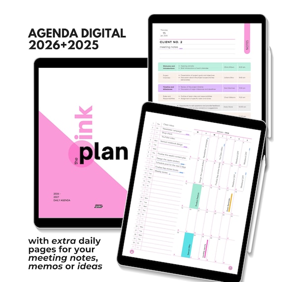 Pink Agenda Digital 2026 for iPad Business Planner for Goodnotes Daily Dated Agenda with Meeting Notes by Planners Goodies with Reminders