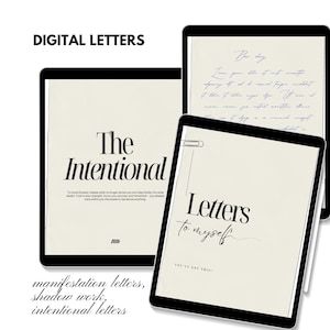 May include: Three digital tablets displaying text. One tablet reads "The Intentional" with a quote below. Another displays handwritten text. The third tablet says "Letters to myself" with "You've got this!" below. The words "Digital Letters" are at the top.