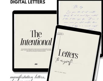 May include: Three digital tablets displaying text. One tablet reads "The Intentional" with a quote below. Another displays handwritten text. The third tablet says "Letters to myself" with "You've got this!" below. The words "Digital Letters" are at the top.