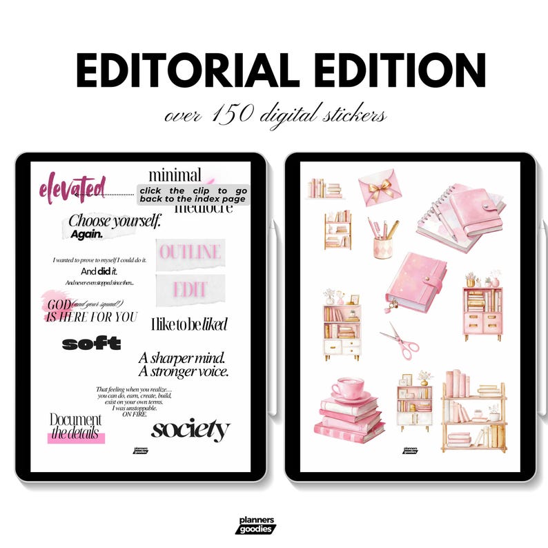 Planner Girl Stickers preview showing over 150 pre-cropped PNGs compatible with GoodNotes and Noteful apps, labeled as digital-ready