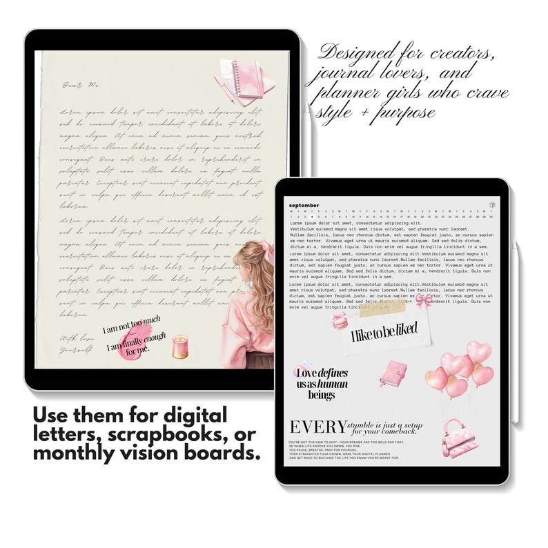 Self-growth and manifestation theme page promoting Planner Girl Vibes digital stickers for planning, journaling, and digital letters with editorial-style text