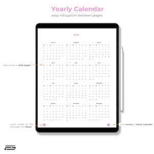 Yearly calendar features page highlighting seamless navigation to daily pages, yearly overview, and quick links back to notes.