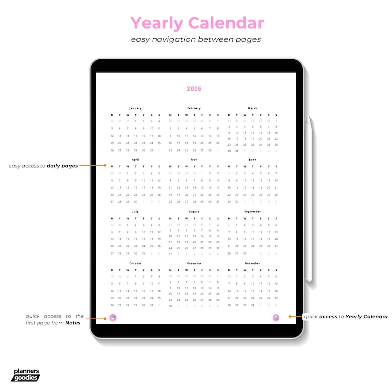 Yearly calendar features page highlighting seamless navigation to daily pages, yearly overview, and quick links back to notes.