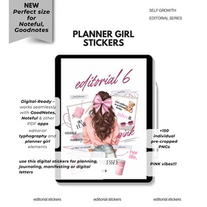 Editorial 6 – Digital Stickers collection preview featuring Planner Girl Vibes, pink version, showcasing typography and pink lifestyle elements