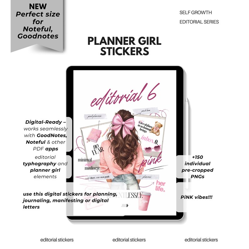 Editorial 6 – Digital Stickers collection preview featuring Planner Girl Vibes, pink version, showcasing typography and pink lifestyle elements